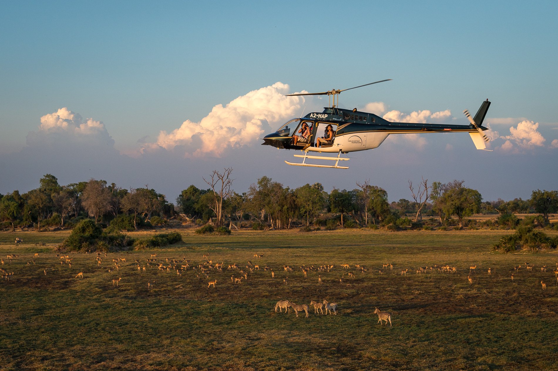 Helicopter scenic flight over the floodplains of the Okavango delta.